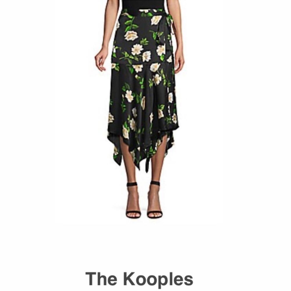 The Kooples Black and Green Floral Midi Skirt